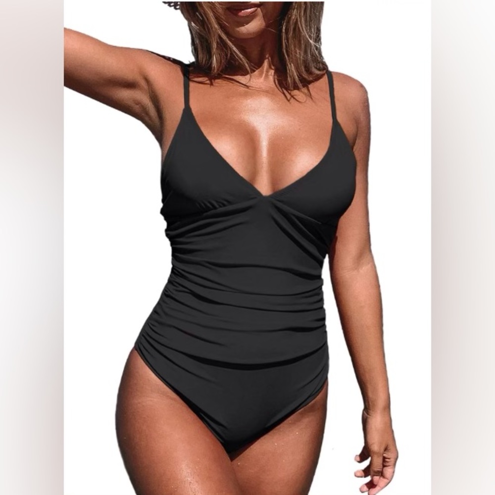Cupshe Women's Black Ruched One Piece Swimsuit Plunging Neckline Monokini, S
